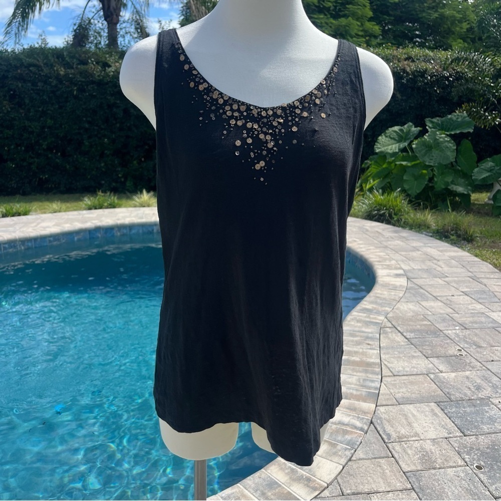 Eileen Fisher Linen Black Tank Top with Gold Accents size medium